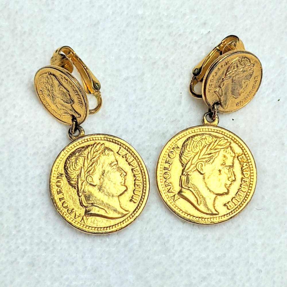 Vintage Bohemian Goldette gold coin clip-on dangle earrings